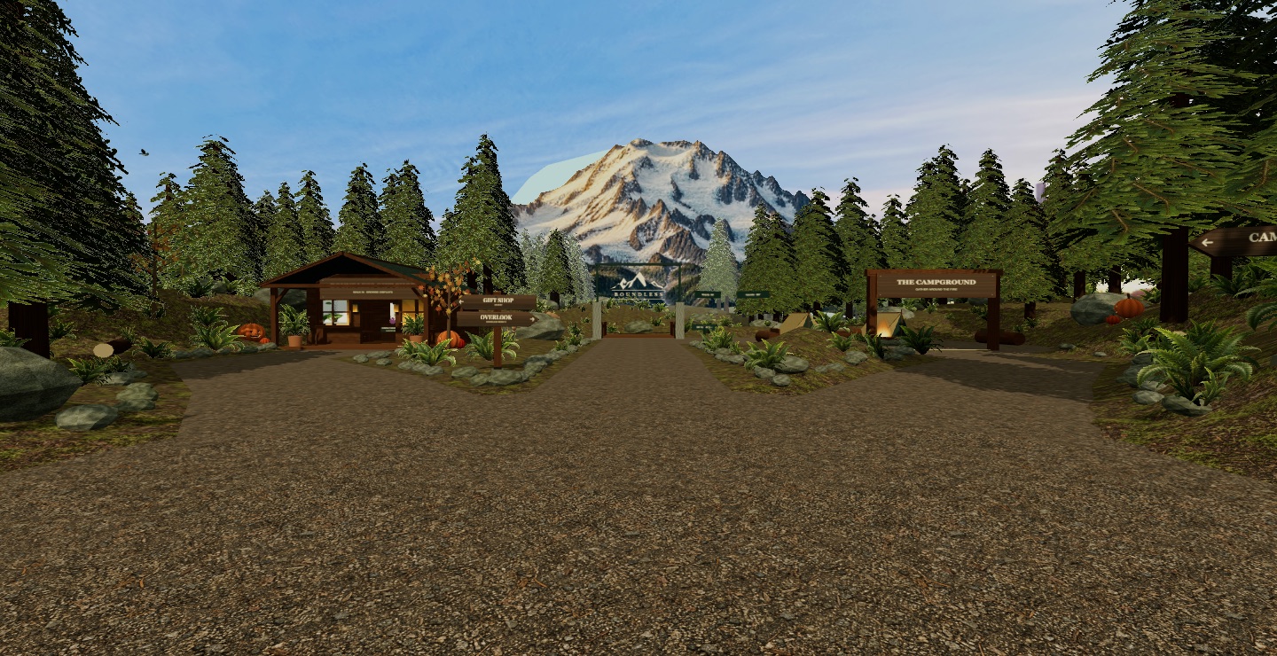 The current virtual Basecamp: forest paths, outdoor displays and mountain scenery